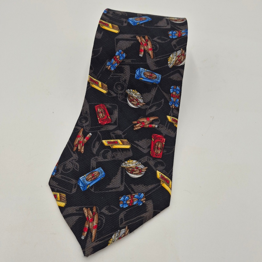Resilio Mens Silk Necktie Black Novelty Cigar Print Smoking Theme Formal Tie